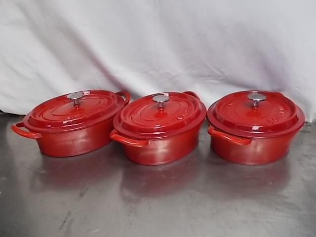 ボン・ボネール ココットオーバル 26cm レッド 鍋3個セット 赤色 335×230×130 中古厨房 /A-9