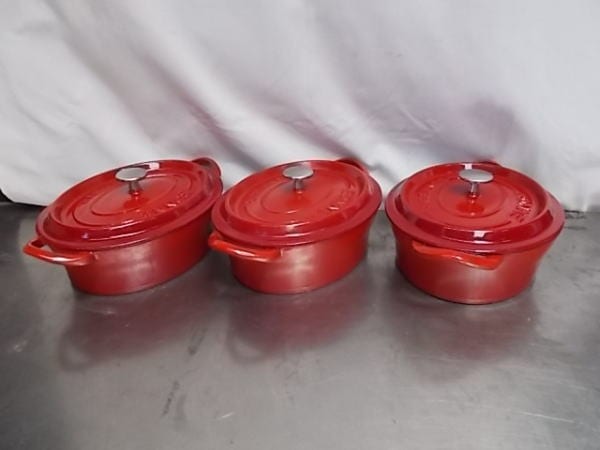 ボン・ボネール ココットオーバル 26cm レッド 鍋3個セット 赤色 335×230×130 中古厨房 /A-10