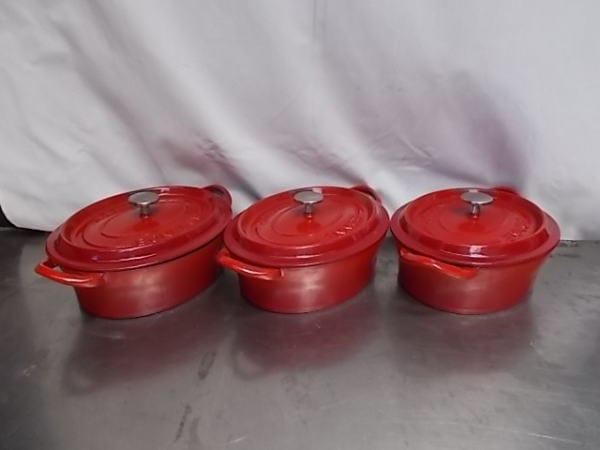ボン・ボネール ココットオーバル 26cm レッド 鍋3個セット 赤色 335×230×130 中古厨房 /A-11
