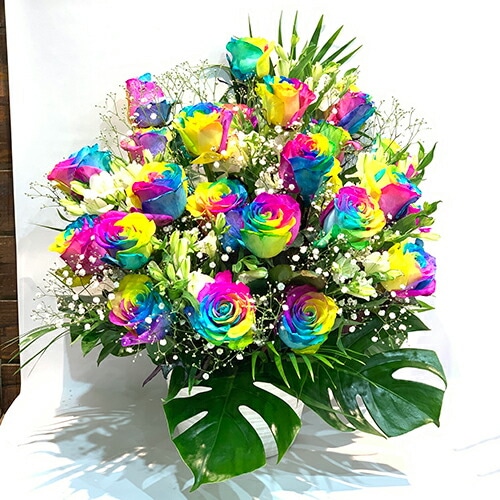 レインボーローズ24本アレンジメント 送料無料 レインボーローズ 白 グリーン系 おまかせアレンジメント ホワイトデー 卒業式 入学 プレゼント ギフト クール便選択可能