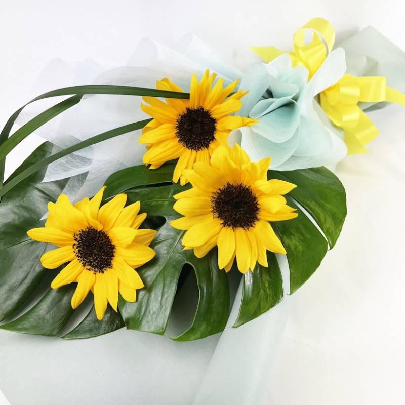 ヒマワリとグリーンの花束♪ 送料無料【生花】 プレゼント 元気 フレッシュ 黄色 感謝 お祝い ひまわり 向日葵 敬老の日 父の日  遅れてごめんね-花とワインギフト銀座東京フラワー