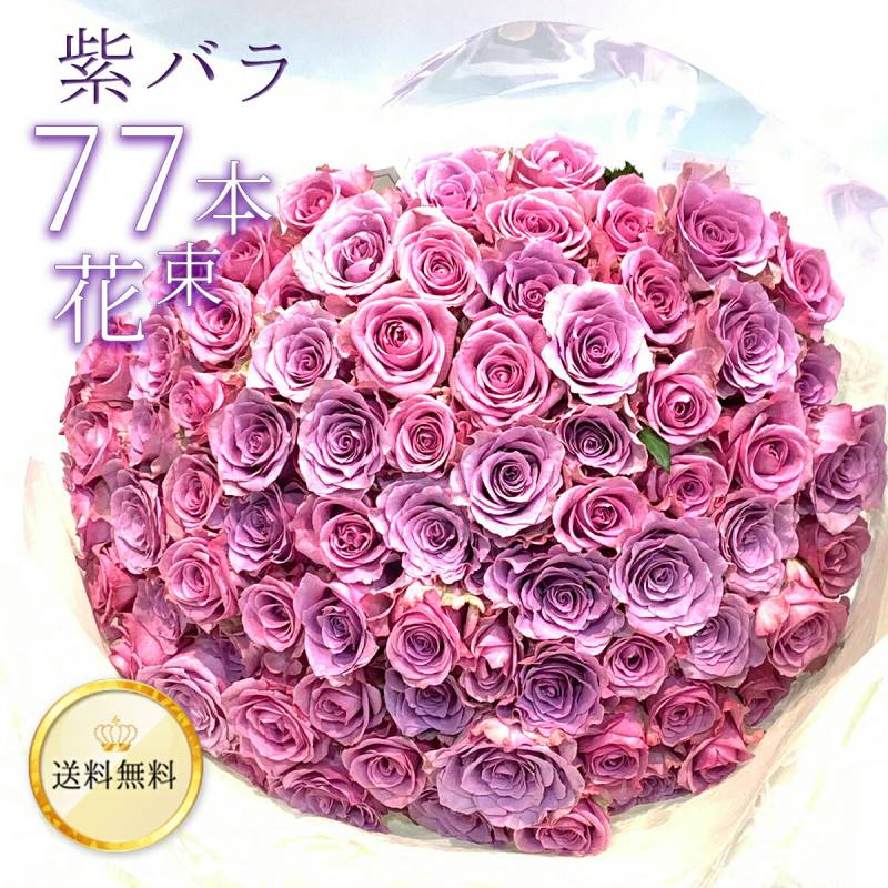【高品質◎低価格に挑戦】 紫バラ77本の花束 生花 ムラサキバラ 東京銀座クオリティ 送料無料 送料込み 紫色 バラ 薔薇 ばら 花束 お祝い 誕生日 記念日 クリスマス プレゼント ギフト プロポーズ 結婚 退職 還暦 長寿 米寿 古希 喜寿 金婚式 おばあちゃん 祖母 クール便選択可能