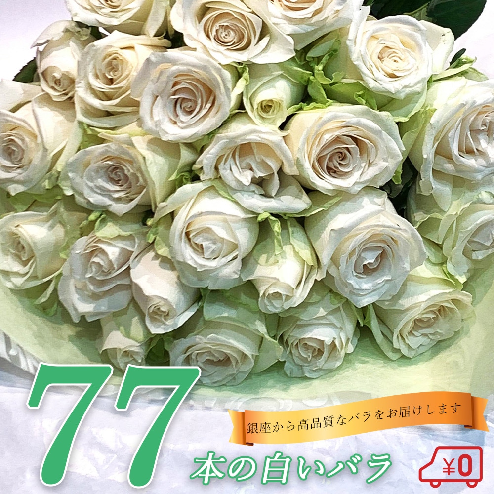 白バラ77本の花束 東京銀座クオリティー プレゼント お祝い 記念日 入学 母の日 父の日 ギフト 送料無料 送料込み 税込 還暦 プロポーズ 誕生日 退職 還暦 【生花】 クール便選択可能