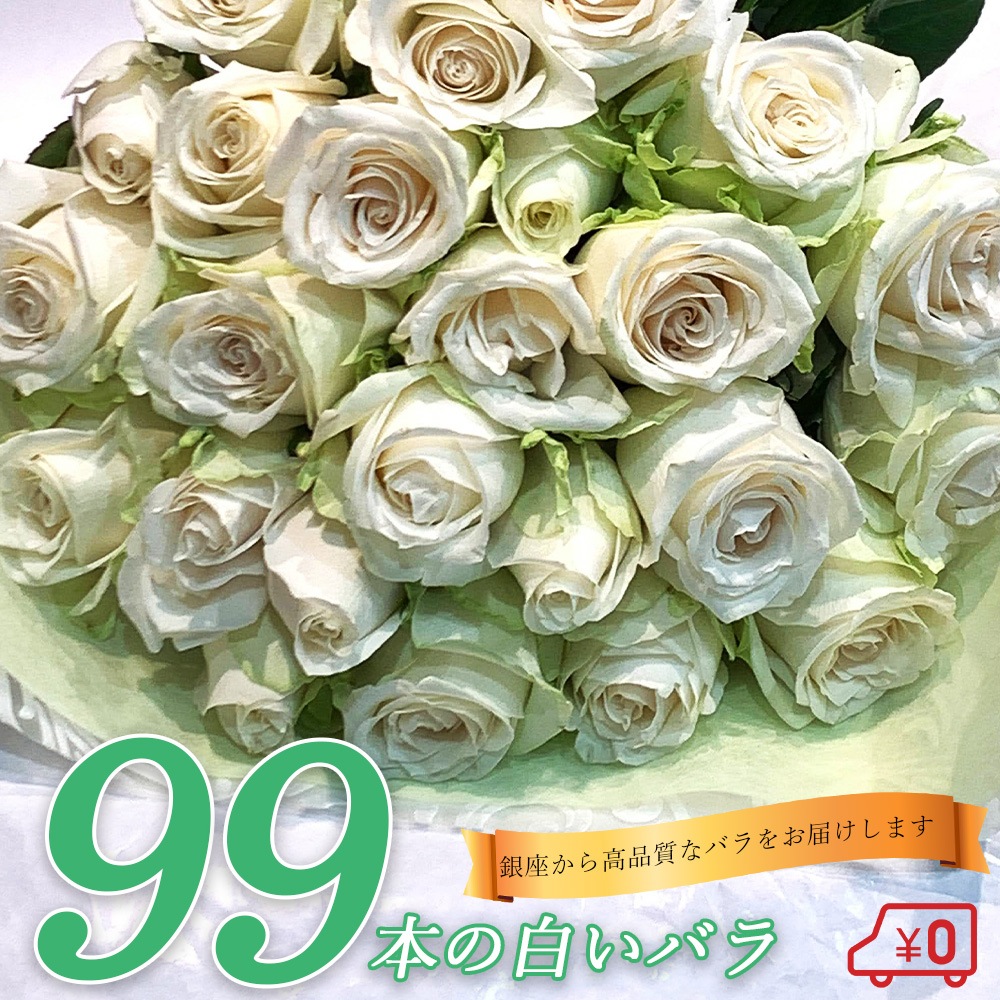 白バラ99本の花束 東京銀座クオリティー プレゼント お祝い 記念日 入学 母の日 父の日 ギフト 送料無料 送料込み 税込 還暦 プロポーズ 誕生日 退職 還暦 【生花】 クール便選択可能