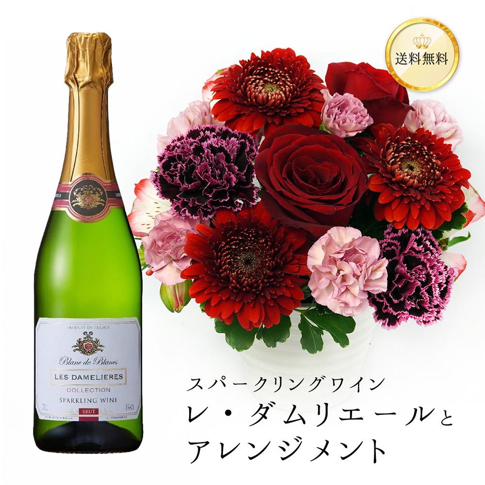 【花とワイン】 フランス産スパークリングワイン レ・ダムリエールとアレンジメント 辛口 泡 生花 アレンジ 20×20cm 選べる ギフト プレゼント 贈り物 お祝い 誕生日 記念日 サプライズ レダムリエール 妻 奥さん パーティー プチギフト ホームパーティー お返し 手土産 クール便選択可能 母の日 haha