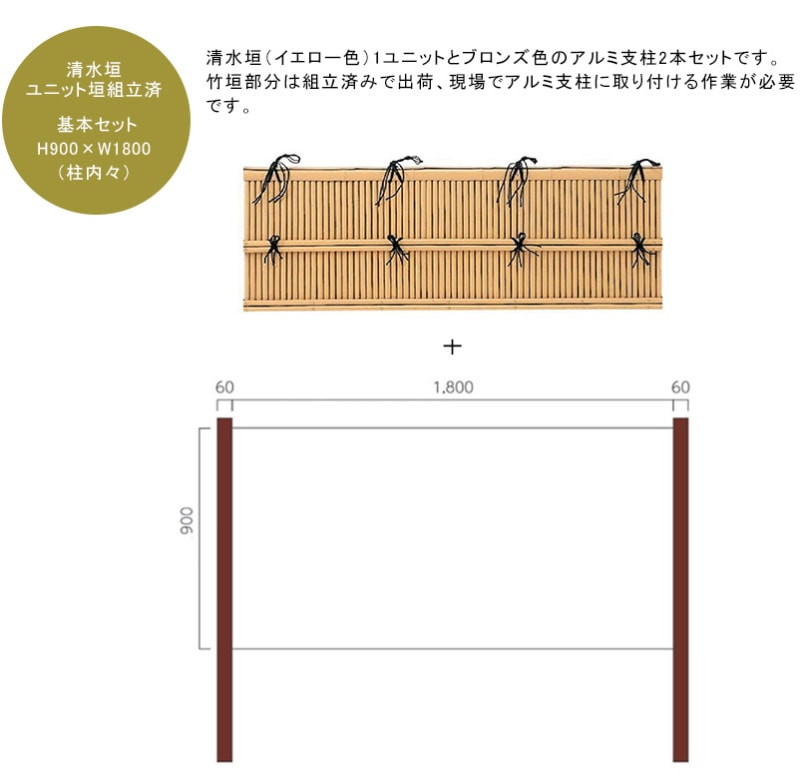 清水垣ユニットフェンス 基本セット H900×W1800mm（柱内々）人工