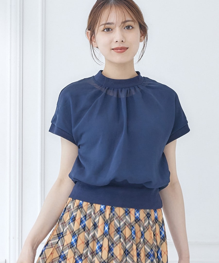 トゥエルブアジェンダ 12Twelve Agenda プチハイネックインナー付ショート丈プルオーバー （ブルー） SALE】プチハイネックインナー付ショート丈プルオーバー