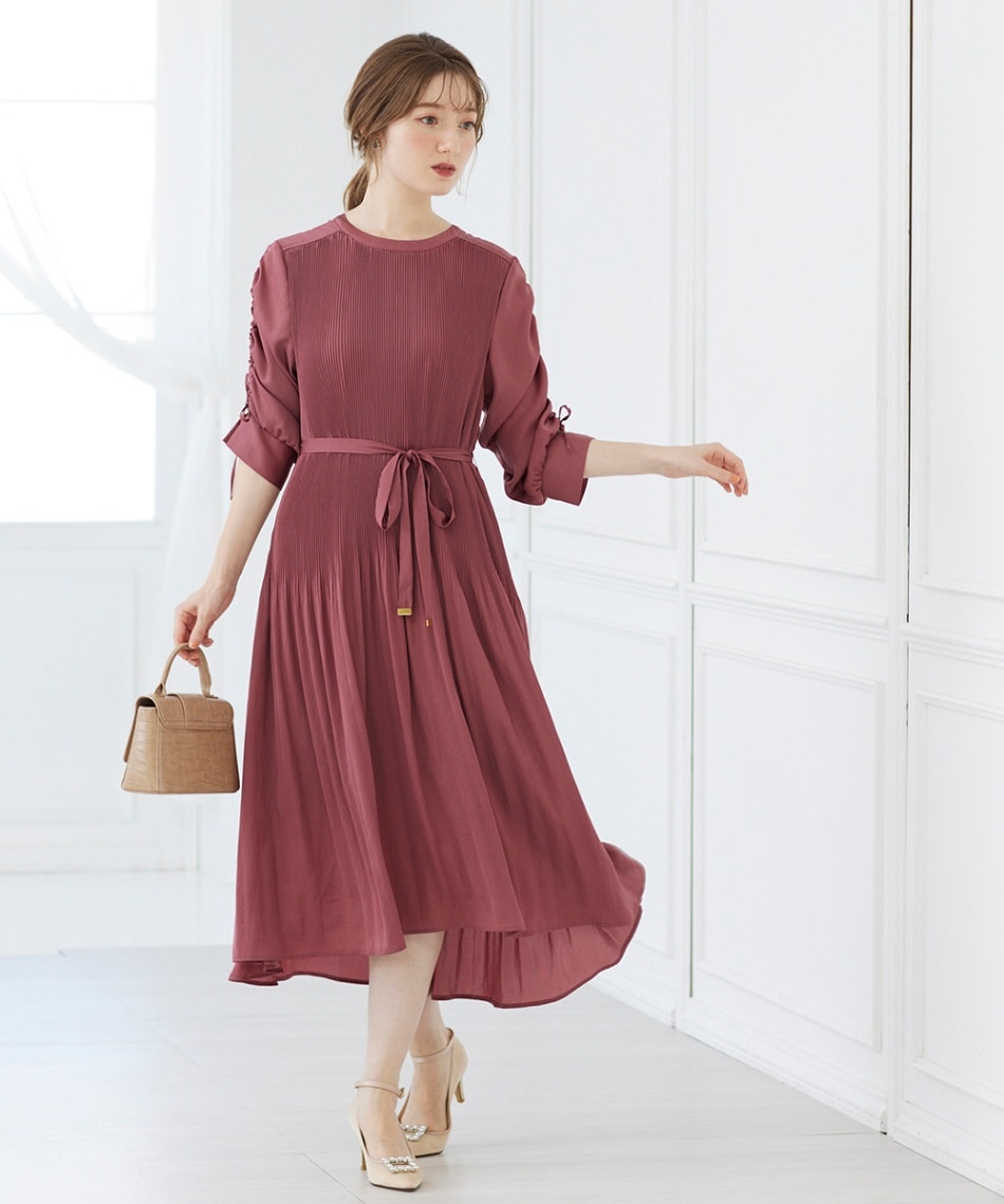 SALE】ソフトサテン袖ドロスト消しプリーツワンピース