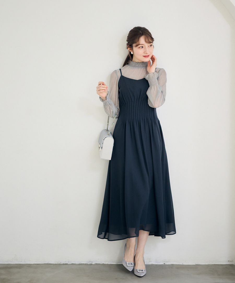 【美品】エストネーション　ハイウエストフレアワンピース ネイビー Aライン エストネーション ワンピース コットンナイロンフレアワンピース