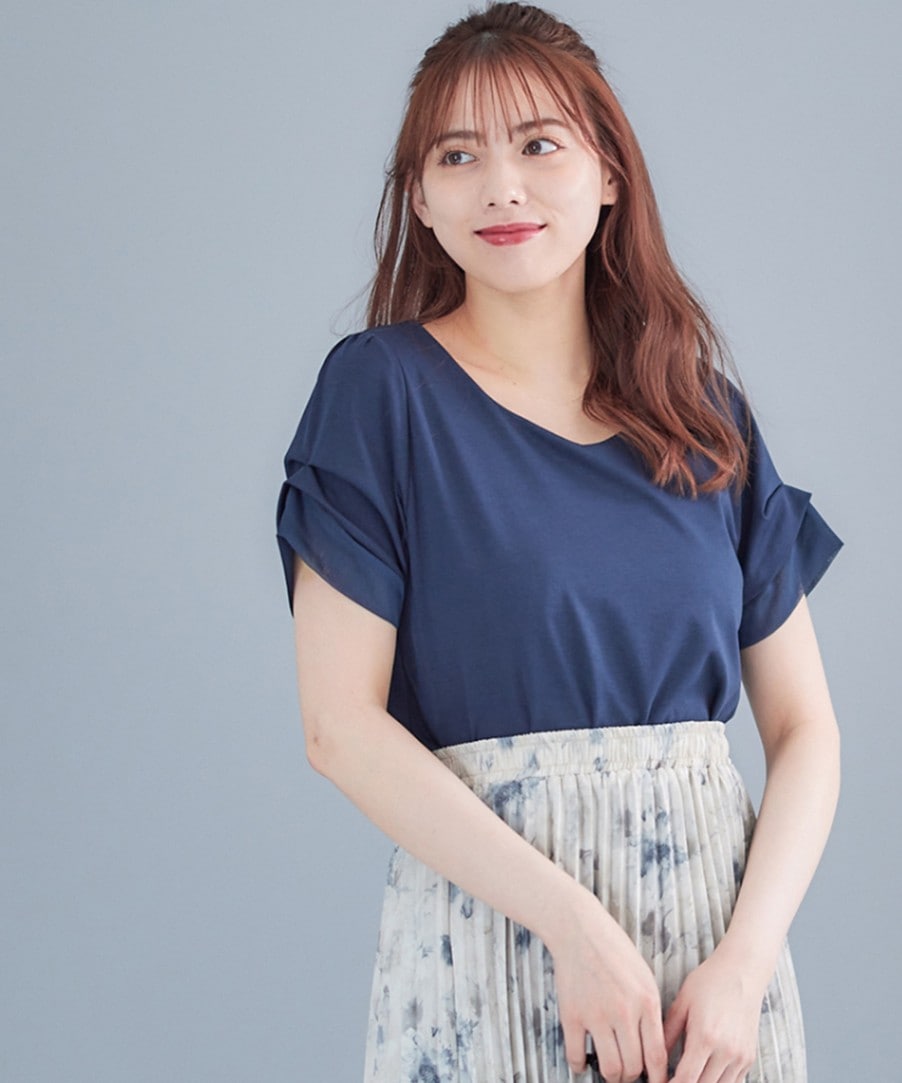 トゥエルブアジェンダ 12Twelve Agenda （中）ハートネック異素材タックスリーブ （ブラック） SALE】ハートネック異素材タックスリーブカットソープルオーバー