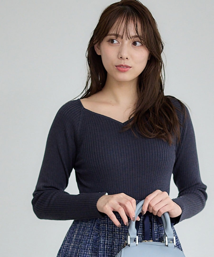 アニュアンス anuans ハートネックリブニットプルオーバー （BLACK）