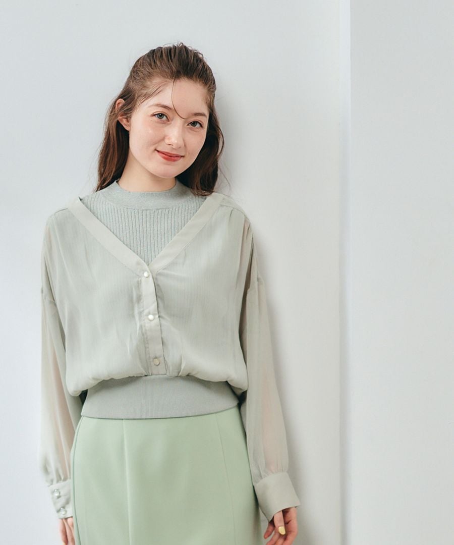 トップス miso SALE】ラメリブニット付ノーカラーシアーシャツプルオーバー