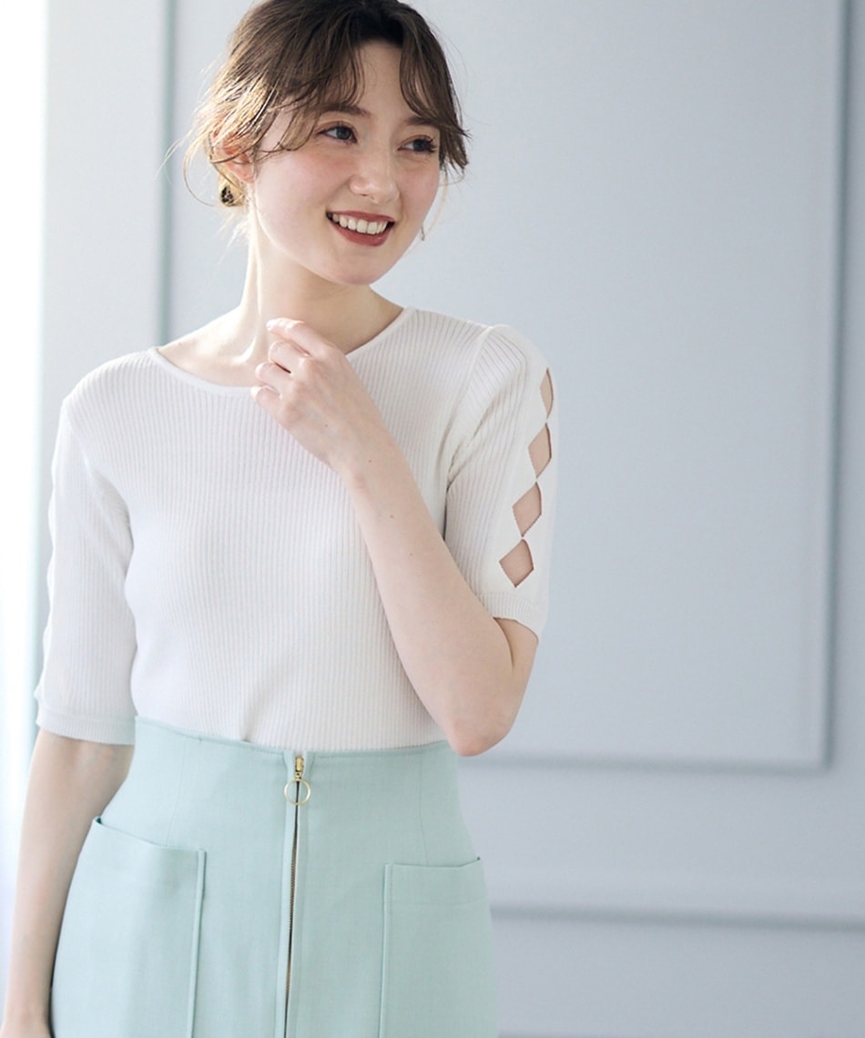 【新品未使用】Reflect ボートネックニット　半袖 ブルー マシンウォッシャブル/UVカット】リブライクボートネックニット
