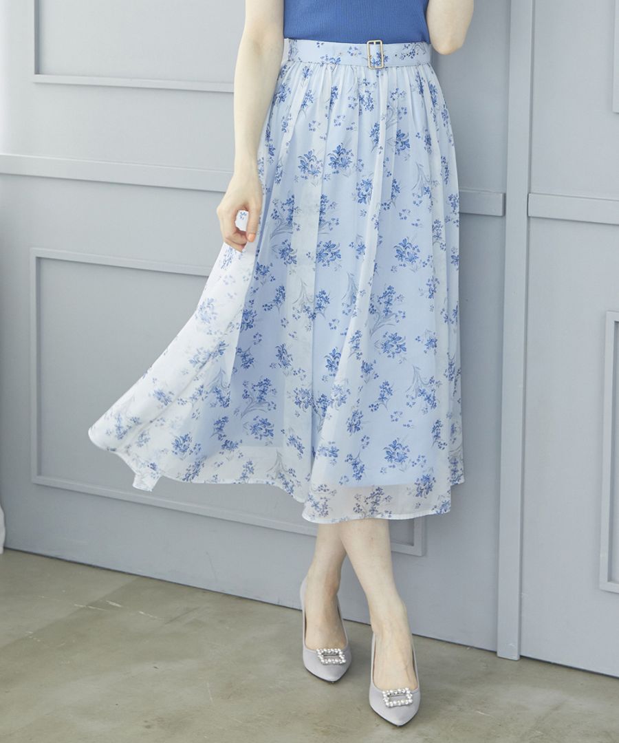 SALE】ベルト付シャイニーシフォン花柄スカート - 12Twelve