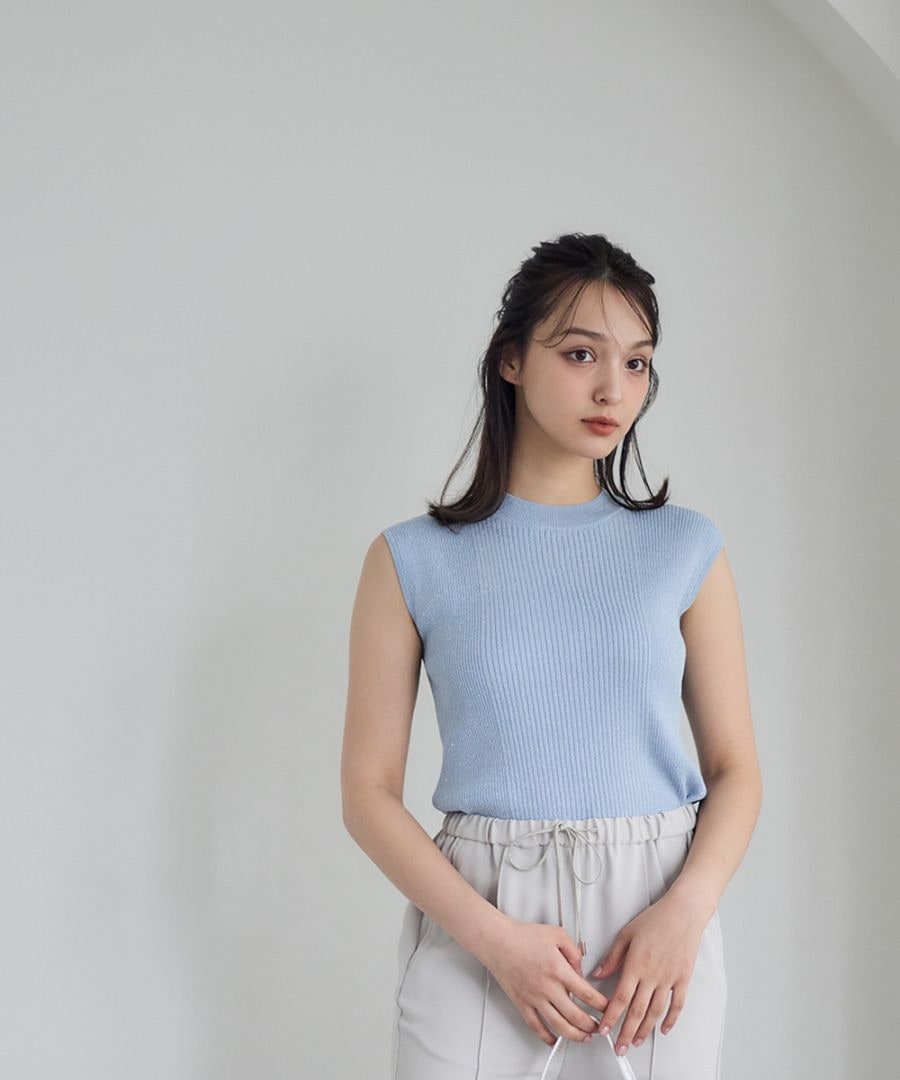 SALE】プチハイネックノースリーブラメリブニットプルオーバー