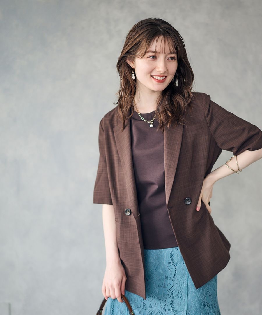 リネンライク半袖ジャケット　ライトグレー Re:EDIT テーラード レディース ジャケット 半袖ジャケット