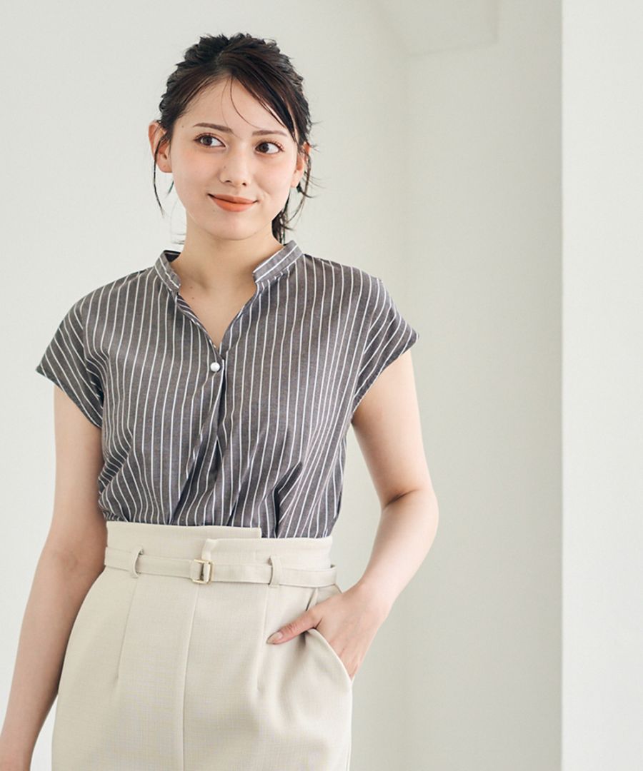 【Lisette】リネン混 ストライプ 刺繍フレンチスリーブブラウス カットワーク刺繍フレンチスリーブブラウス※一部店舗のみ入荷