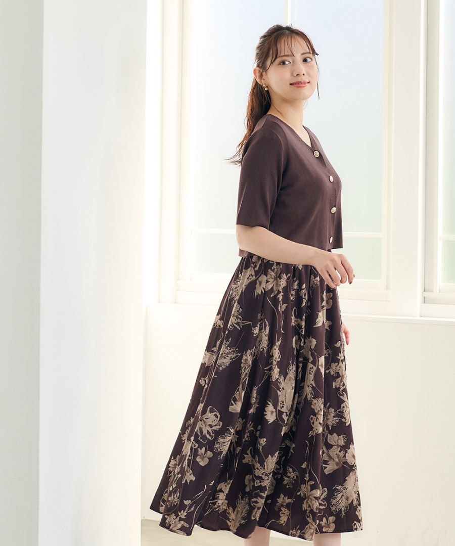 5分袖カーディガン×花柄ワンピースセット - 12Twelve Agenda