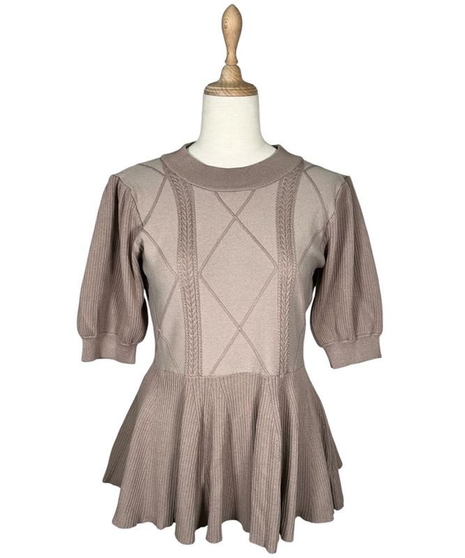 ケーブル編みペプラム5分袖ニットプルオーバー - 12Twelve Agenda