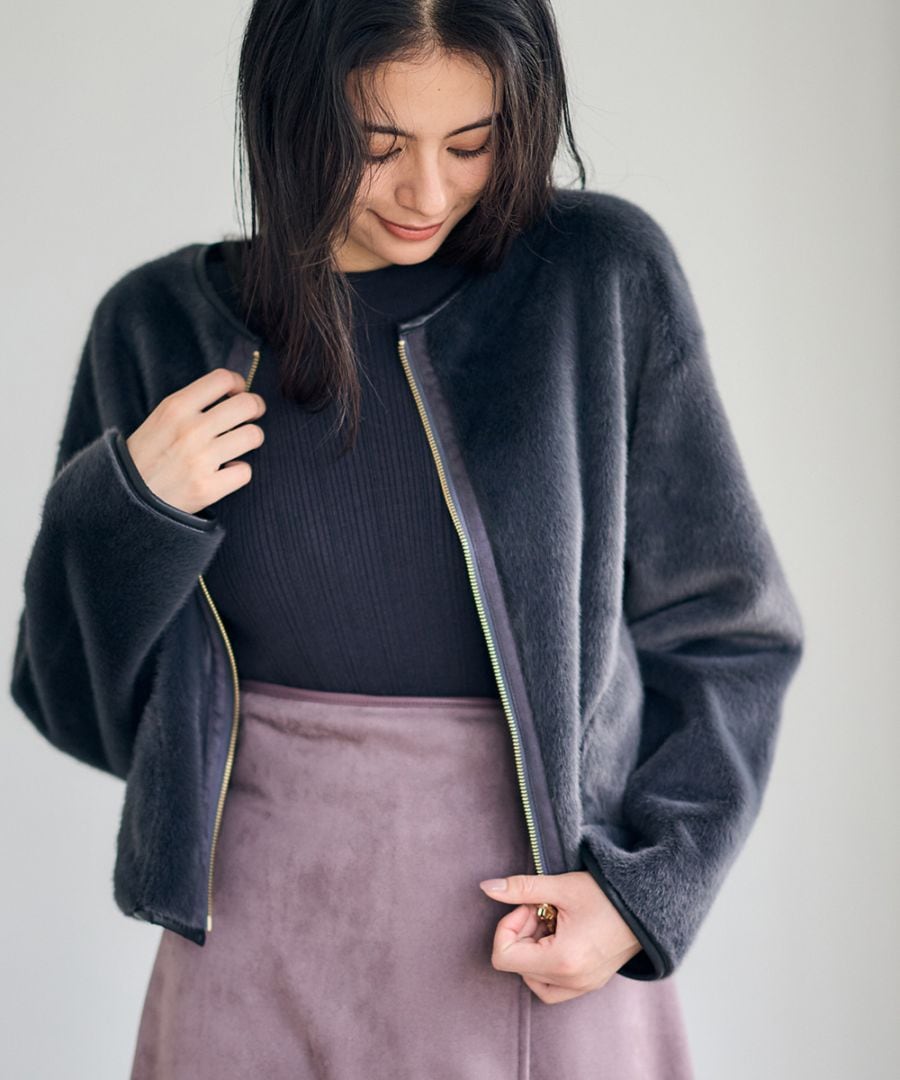 エコファー×ムートンリバーシブルノーカラーブルゾン - 12Twelve