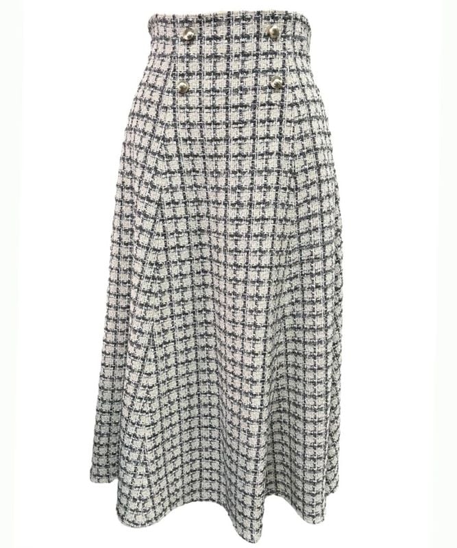 未使用級 23AW エムプルミエブラック ループチェックツイードフレアスカート 華やかなチェックツイードスカートで季節ムードを高めて | m-i-d | M