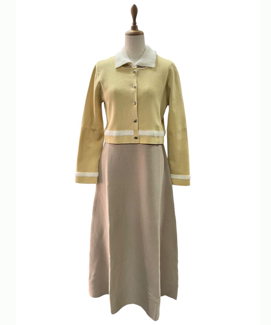 シャギー衿ニットワンピース×ノーカラーカーディガンセット - 12Twelve