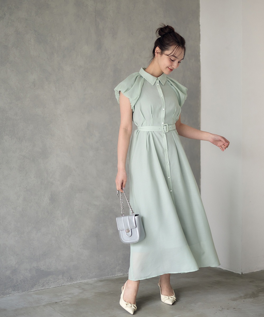バルーンスリーブシャツワンピース　38 SALE】シアーストライプバルーンスリーブシャツワンピース