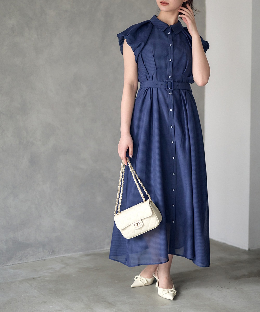バルーンスリーブシャツワンピース　38 SALE】シアーストライプバルーンスリーブシャツワンピース