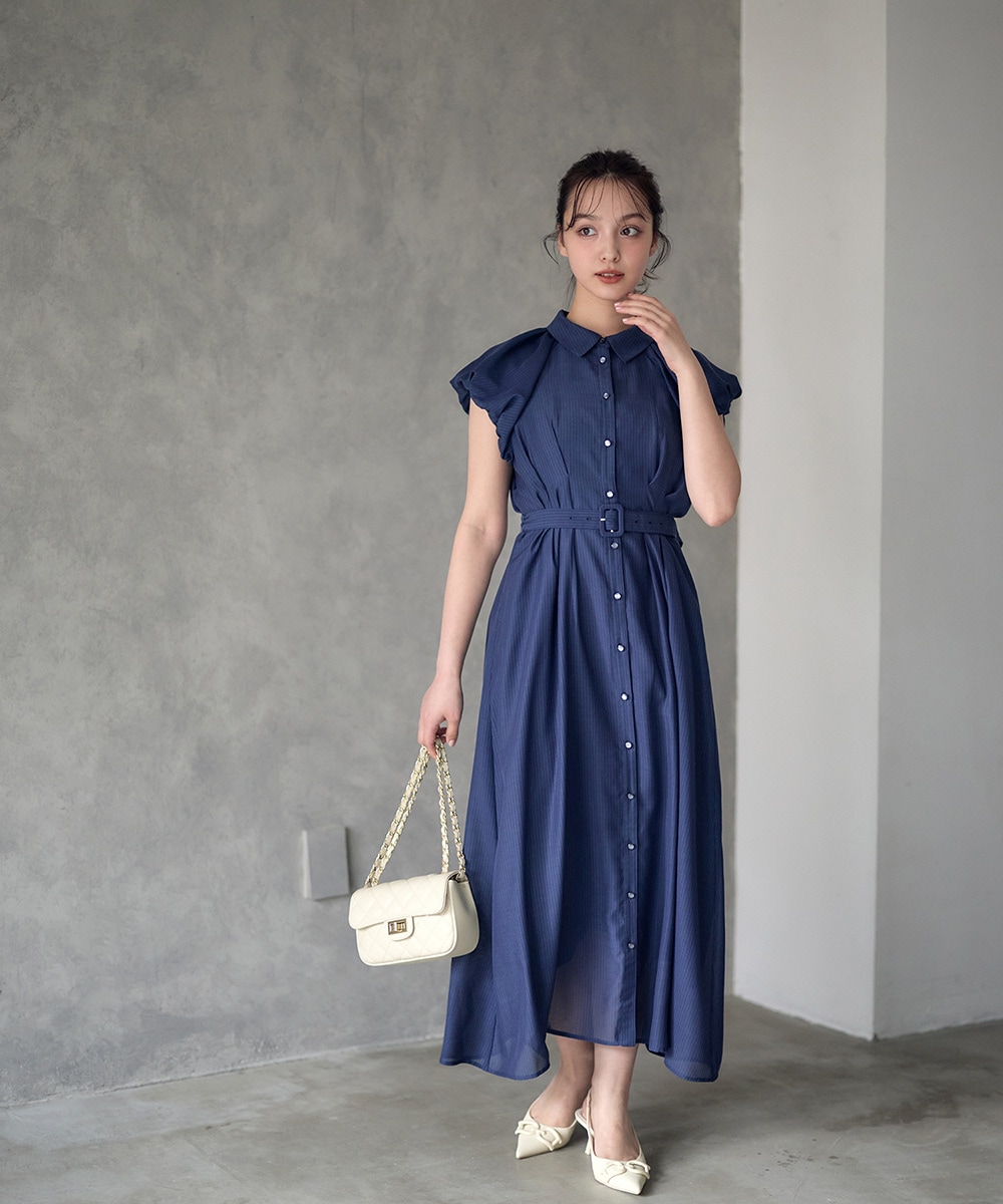 SALE】シアーストライプバルーンスリーブシャツワンピース