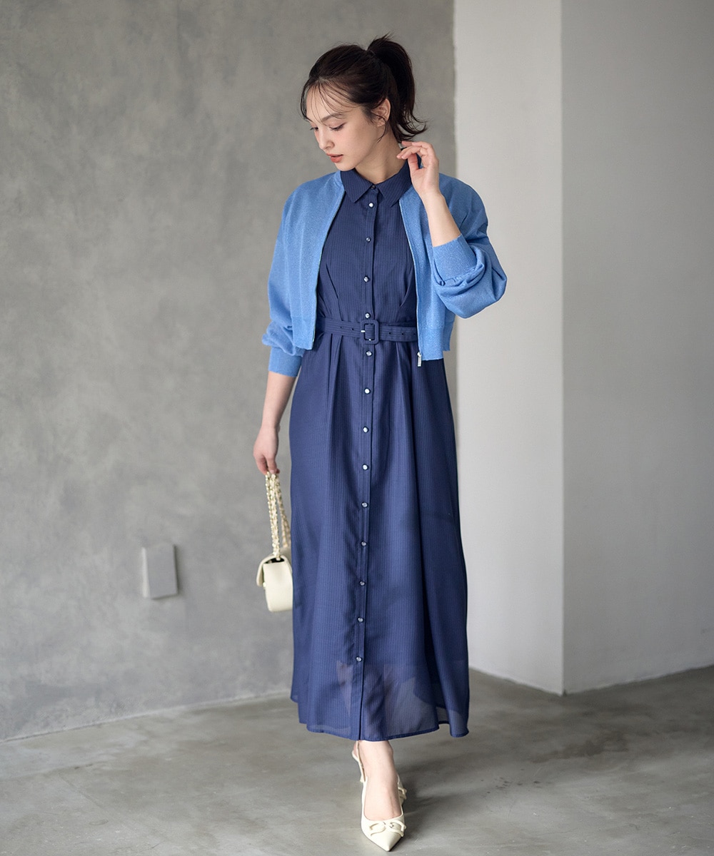 SALE】シアーストライプバルーンスリーブシャツワンピース