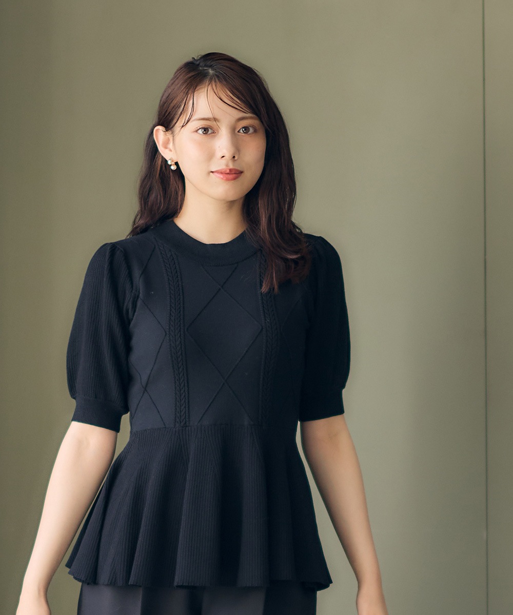 SALE】ケーブル編みペプラム5分袖ニットプルオーバー - 12Twelve