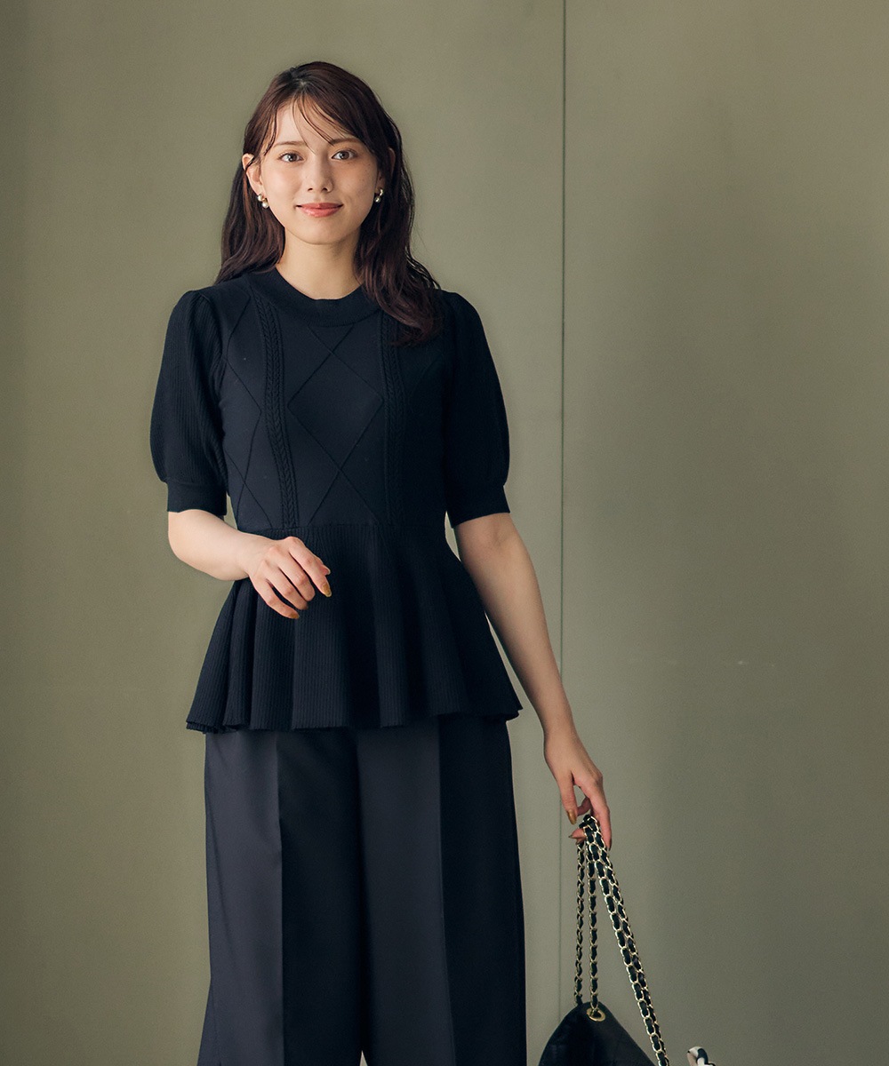 SALE】ケーブル編みペプラム5分袖ニットプルオーバー - 12Twelve