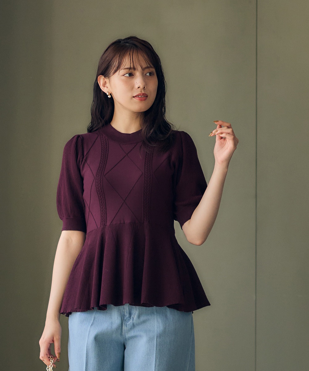 SALE】ケーブル編みペプラム5分袖ニットプルオーバー - 12Twelve