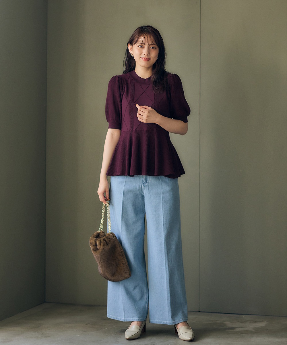 SALE】ケーブル編みペプラム5分袖ニットプルオーバー - 12Twelve