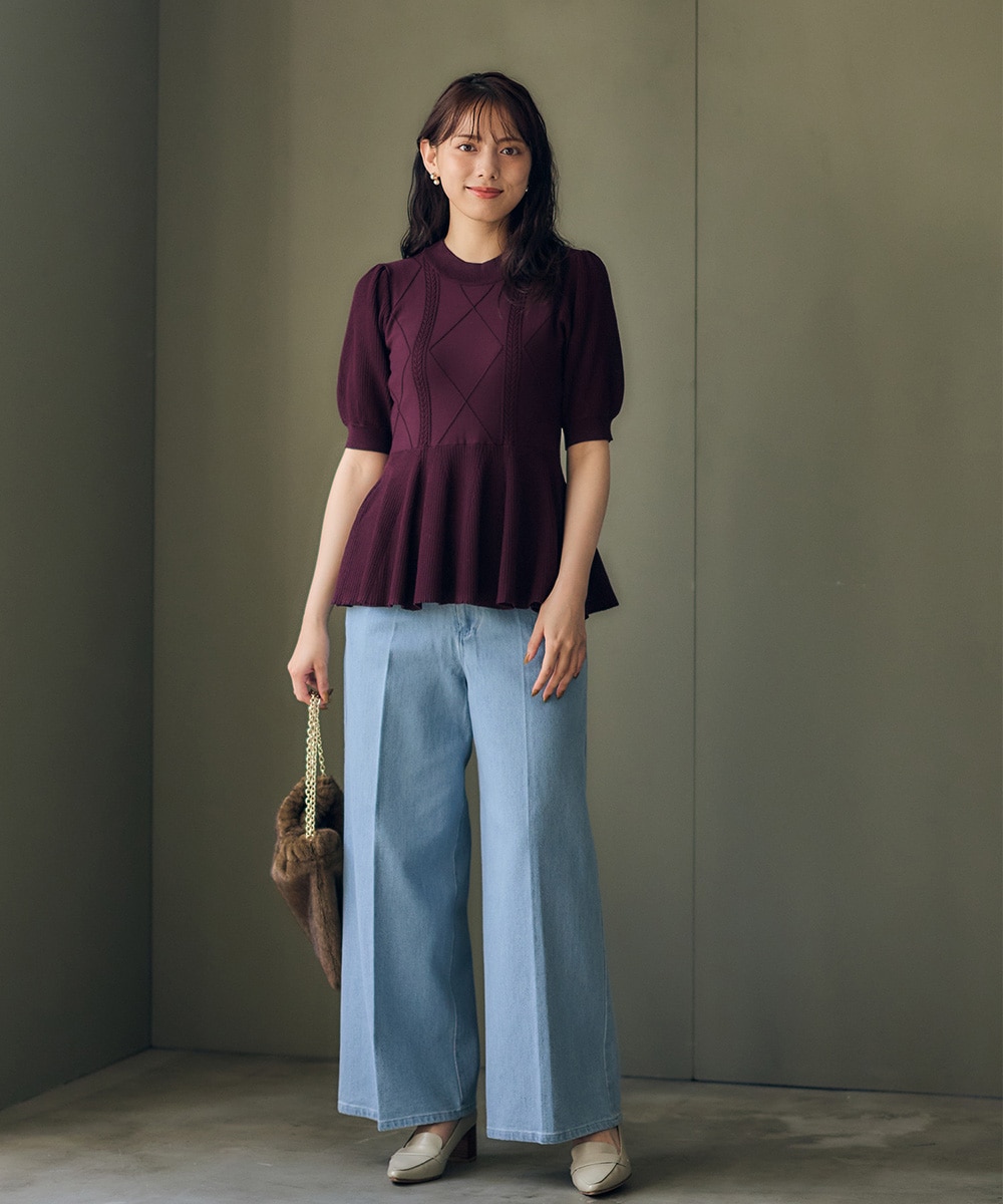 SALE】ケーブル編みペプラム5分袖ニットプルオーバー - 12Twelve