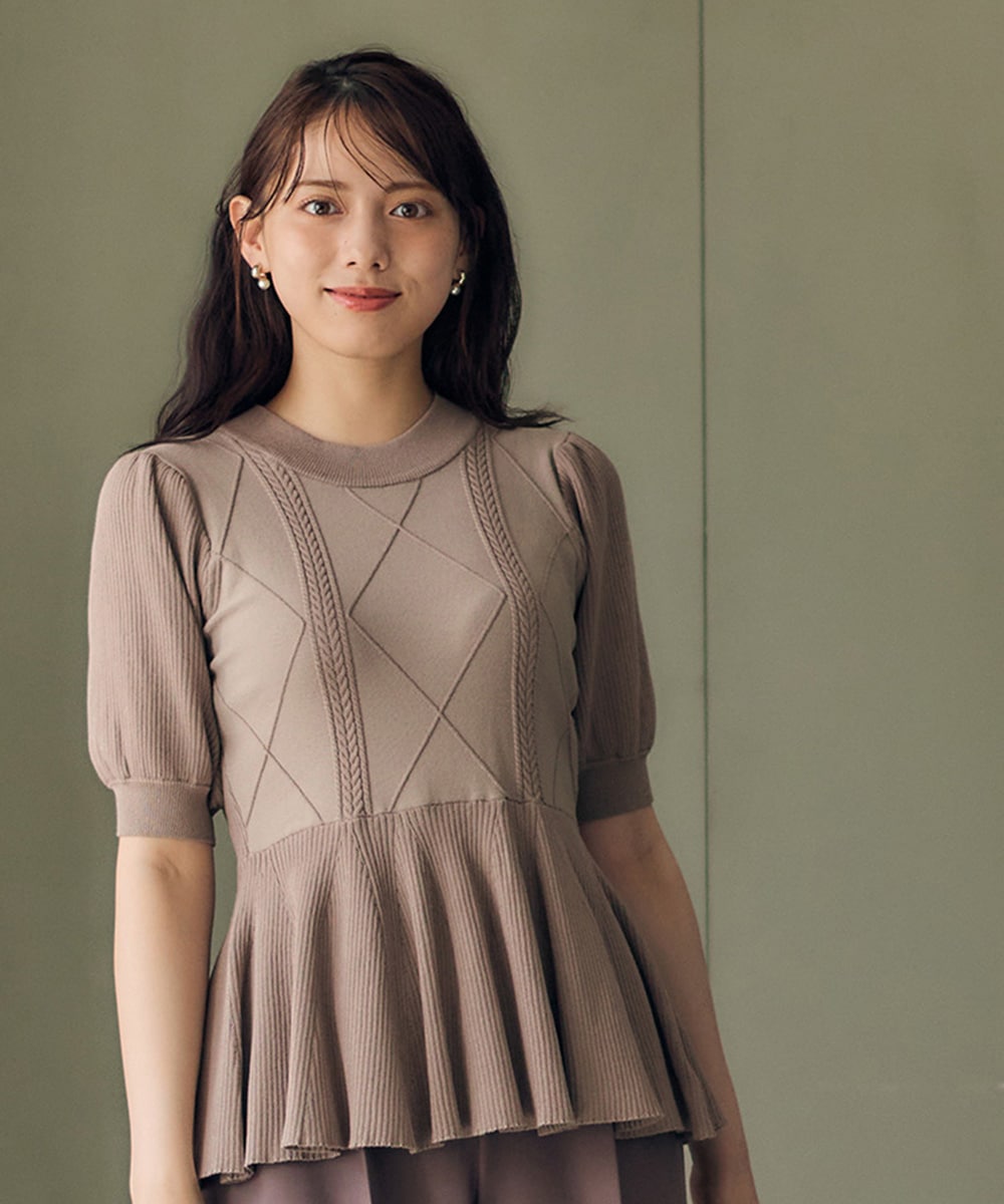 SALE】ケーブル編みペプラム5分袖ニットプルオーバー - 12Twelve