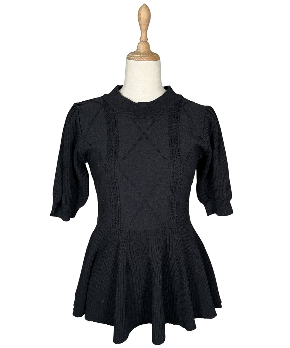 SALE】ケーブル編みペプラム5分袖ニットプルオーバー - 12Twelve