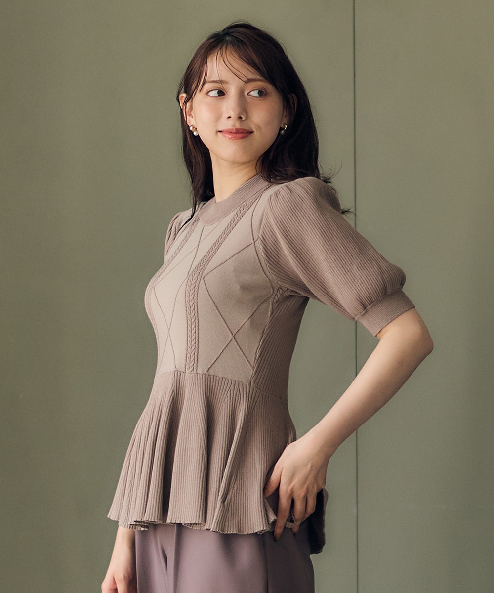 SALE】ケーブル編みペプラム5分袖ニットプルオーバー - 12Twelve