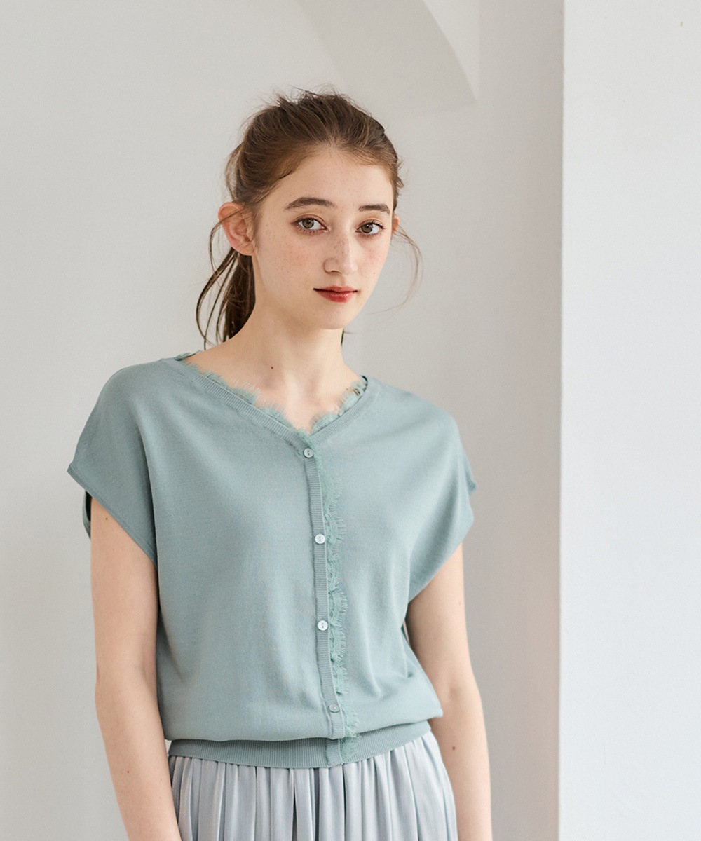 SALE】フチレースVネックフレンチスリーブカーデ風ニットプルオーバー