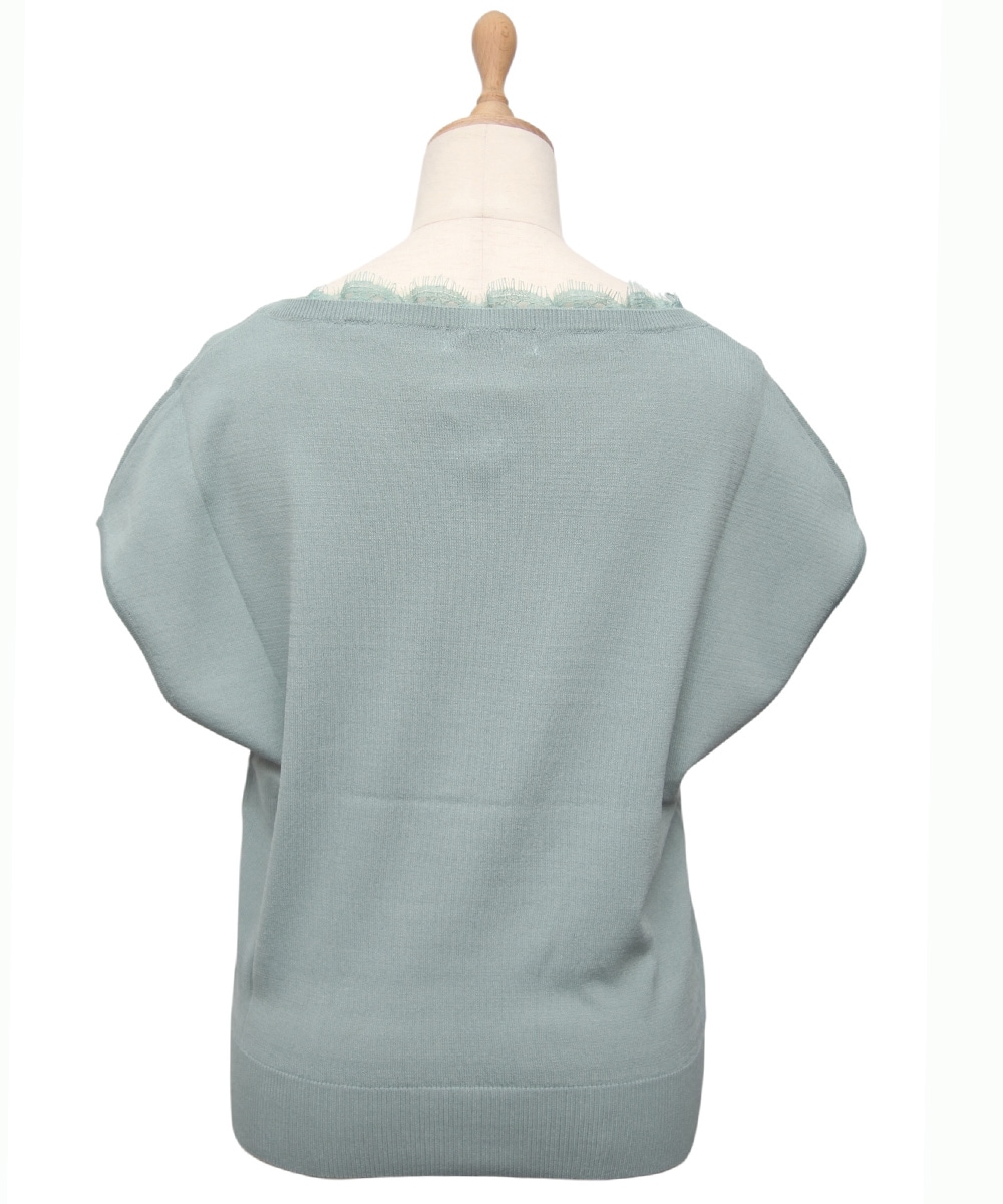 SALE】フチレースVネックフレンチスリーブカーデ風ニットプルオーバー