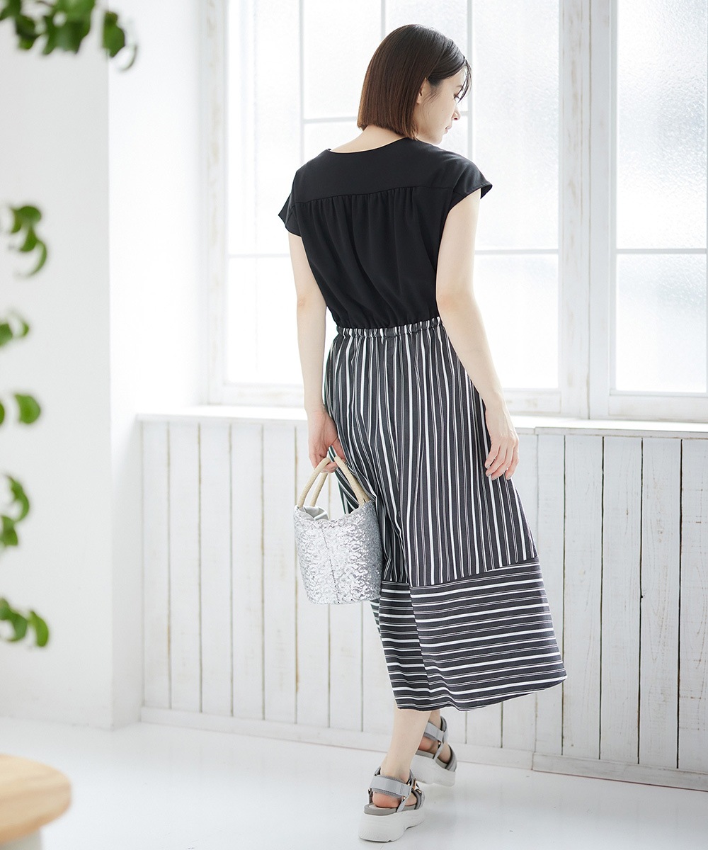 SALE】カットソー×ストライプ切替ドッキングワンピース