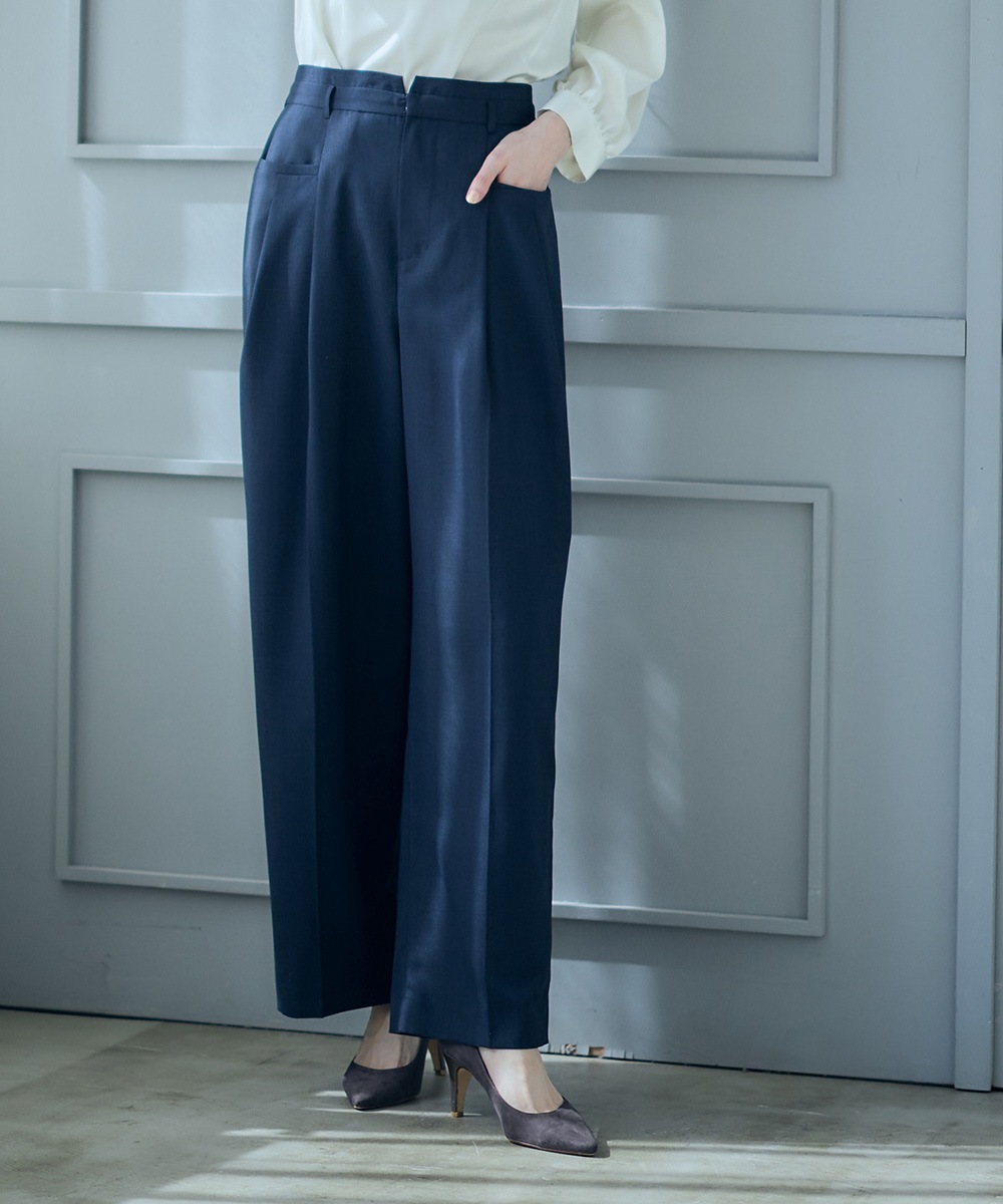 涼映え】ウォッシャブルリネンライクウエストデザインストレートパンツ