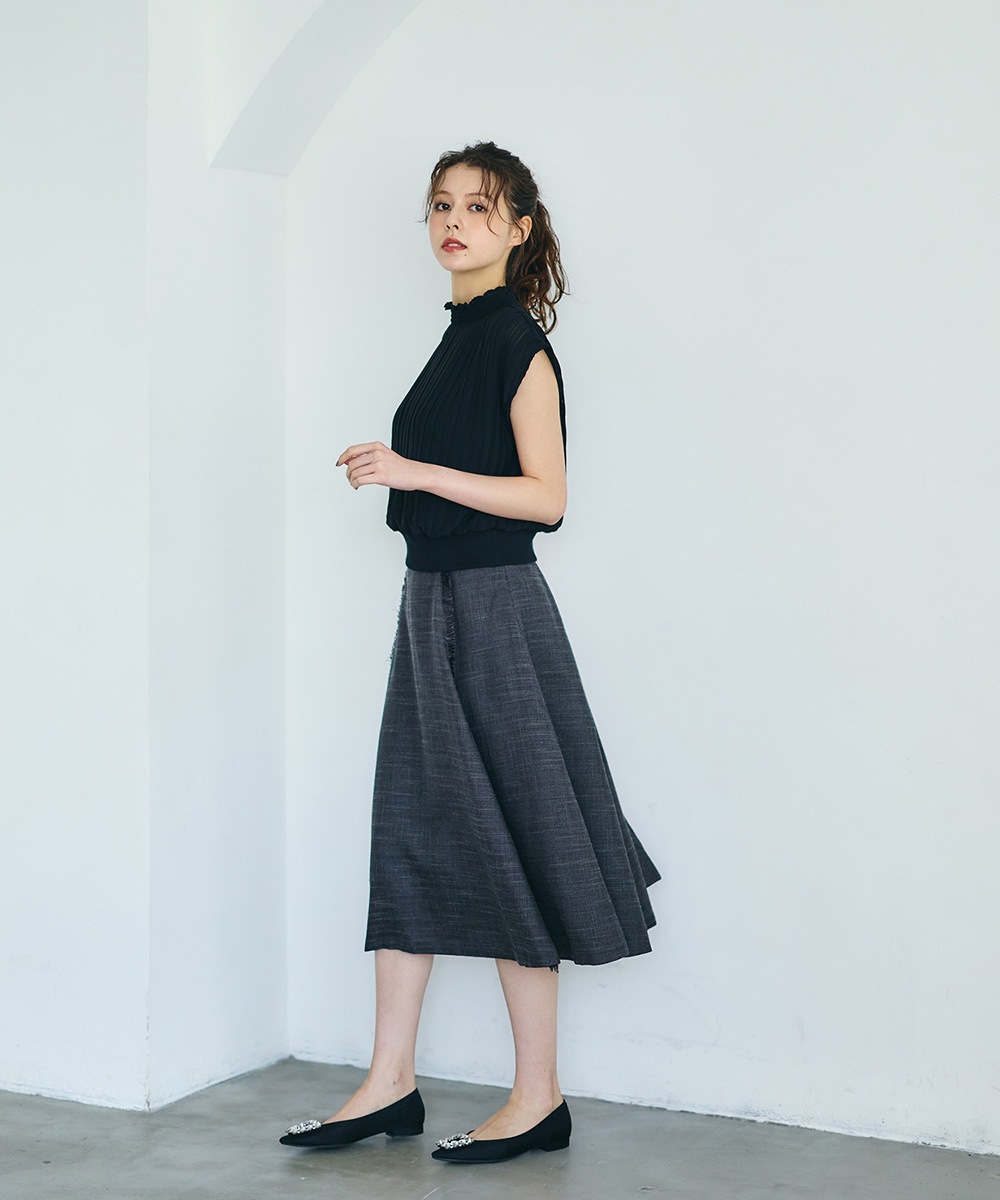 ダークグレー フレアスカート リボン付き リボン付ライトツイードフレアスカート - 12Twelve Agenda(トゥエルブ