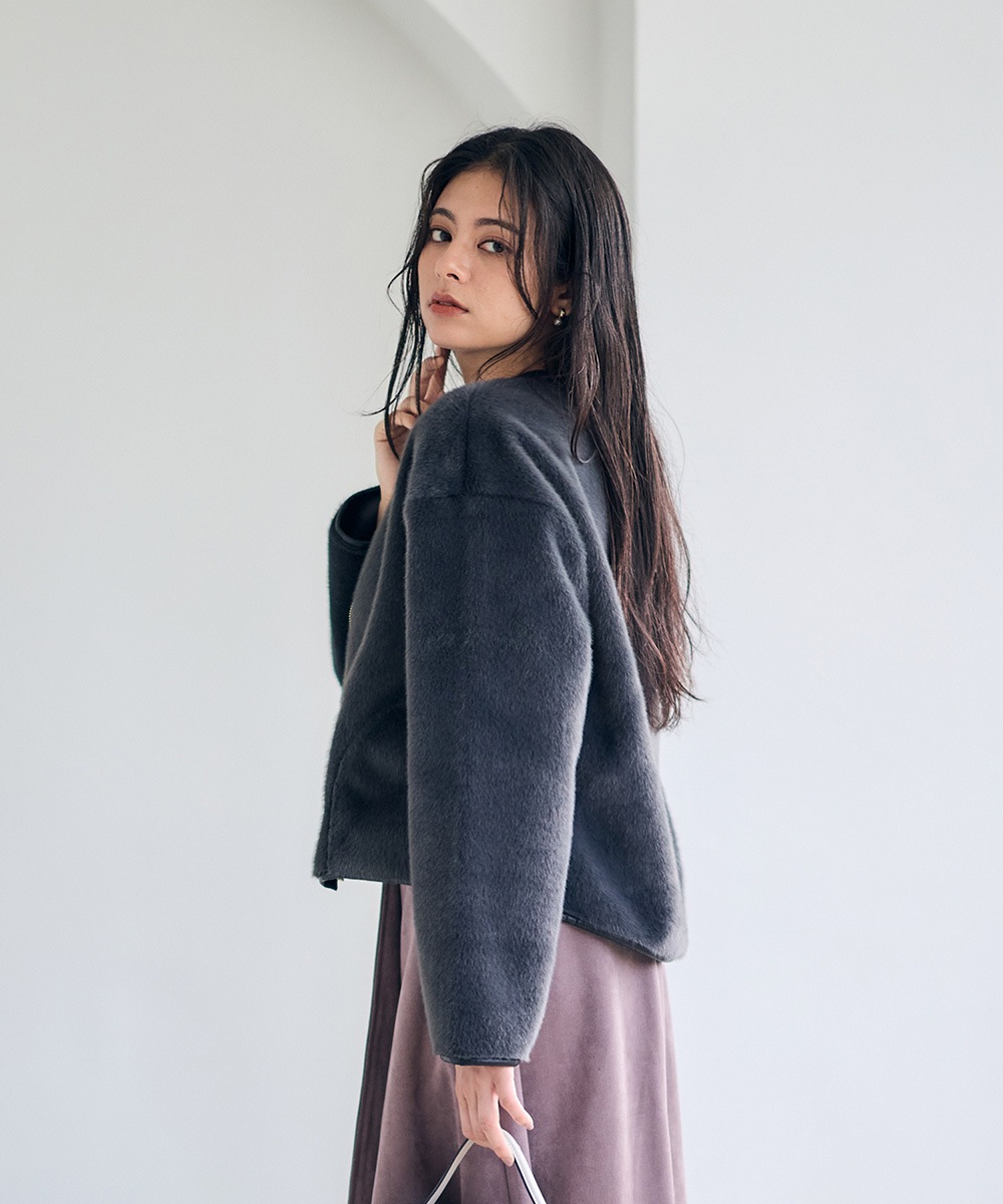SALE】エコファー×ムートンリバーシブルノーカラーブルゾン SALE】エコファー×ムートンリバーシブルノーカラーブルゾン