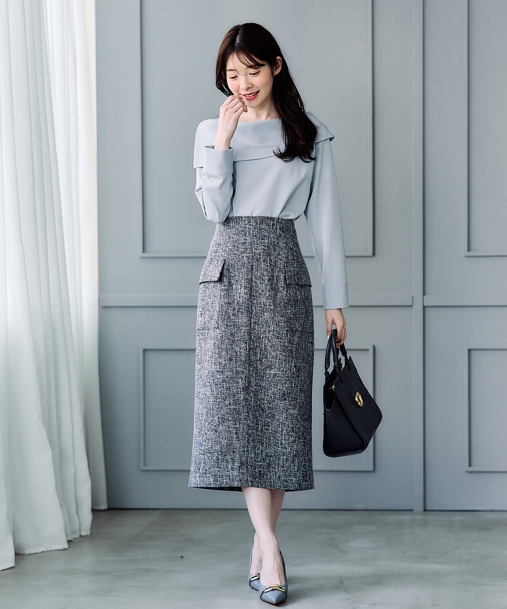 SALE】バーズアイブッチャーフラップデザインタイトスカート