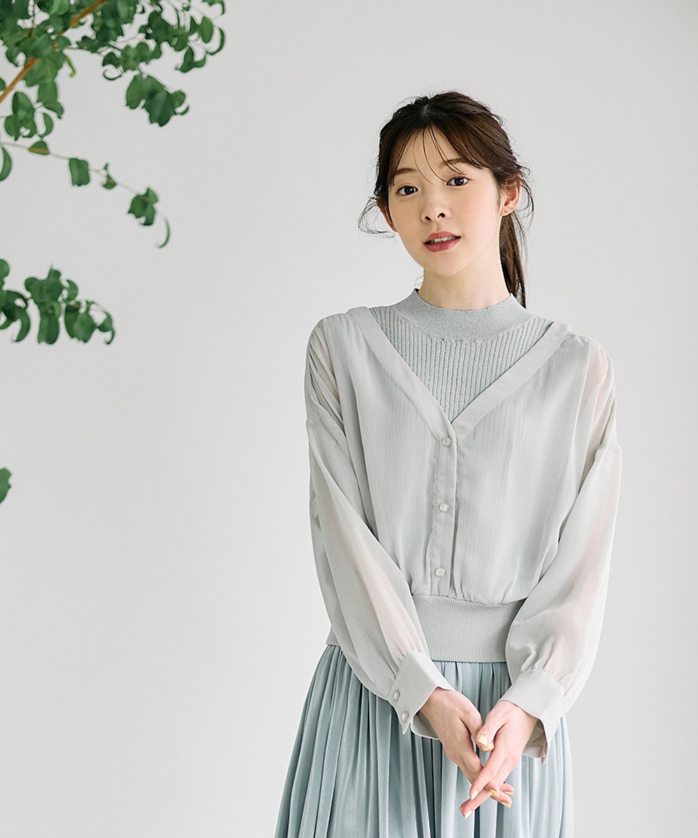 SALE】ラメリブニット付ノーカラーシアーシャツプルオーバー