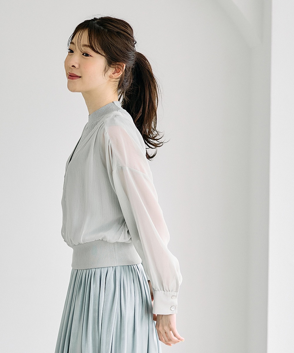 SALE】ラメリブニット付ノーカラーシアーシャツプルオーバー