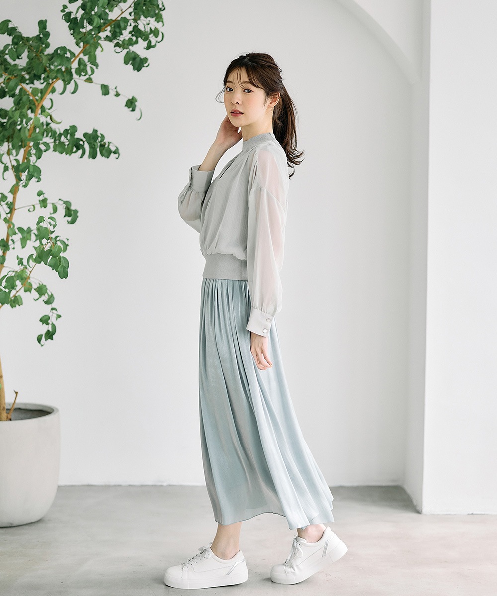 SALE】ラメリブニット付ノーカラーシアーシャツプルオーバー