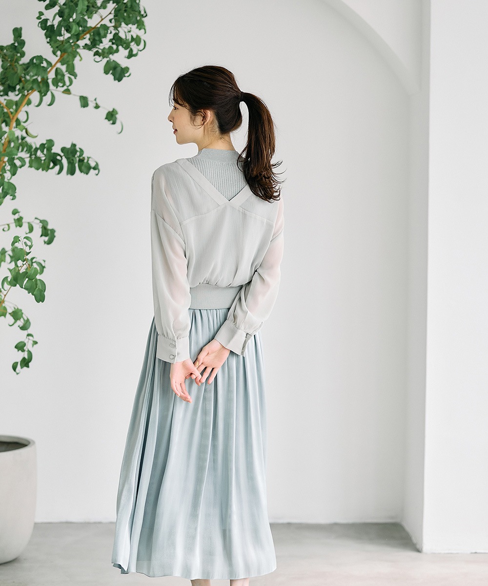 SALE】ラメリブニット付ノーカラーシアーシャツプルオーバー