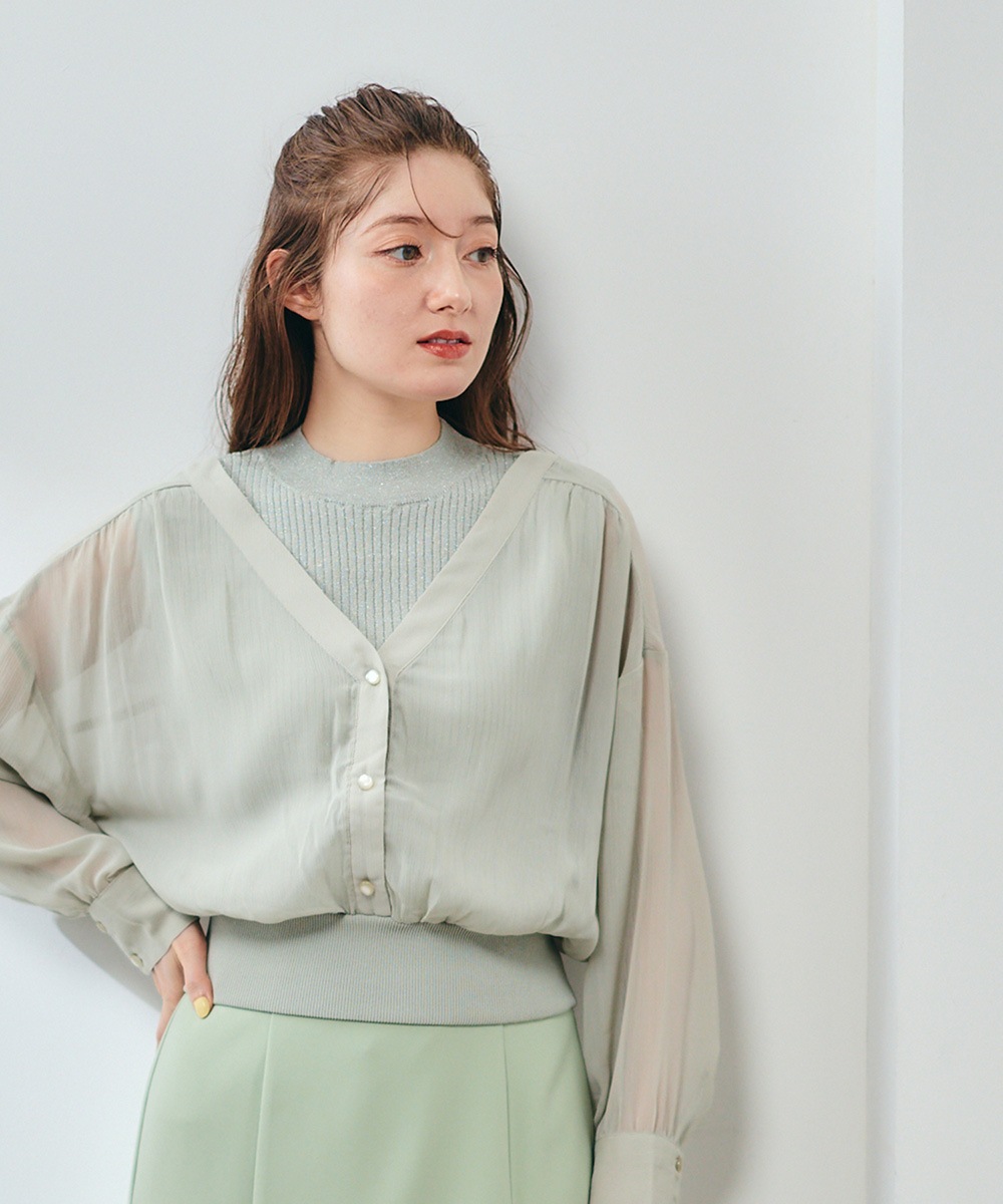SALE】ラメリブニット付ノーカラーシアーシャツプルオーバー